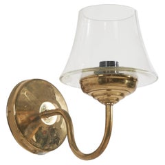 Danish Designer, Wall Light, Brass, Glass, Denmark, 1970s
