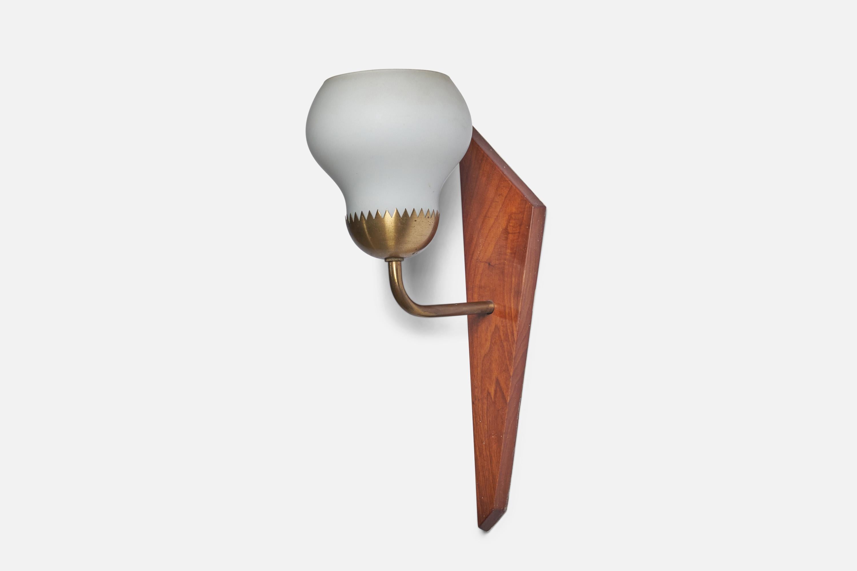 A brass, milk glass and teak wall light, designed and produced in Denmark, c. 1950s.

Overall Dimensions (inches): 14