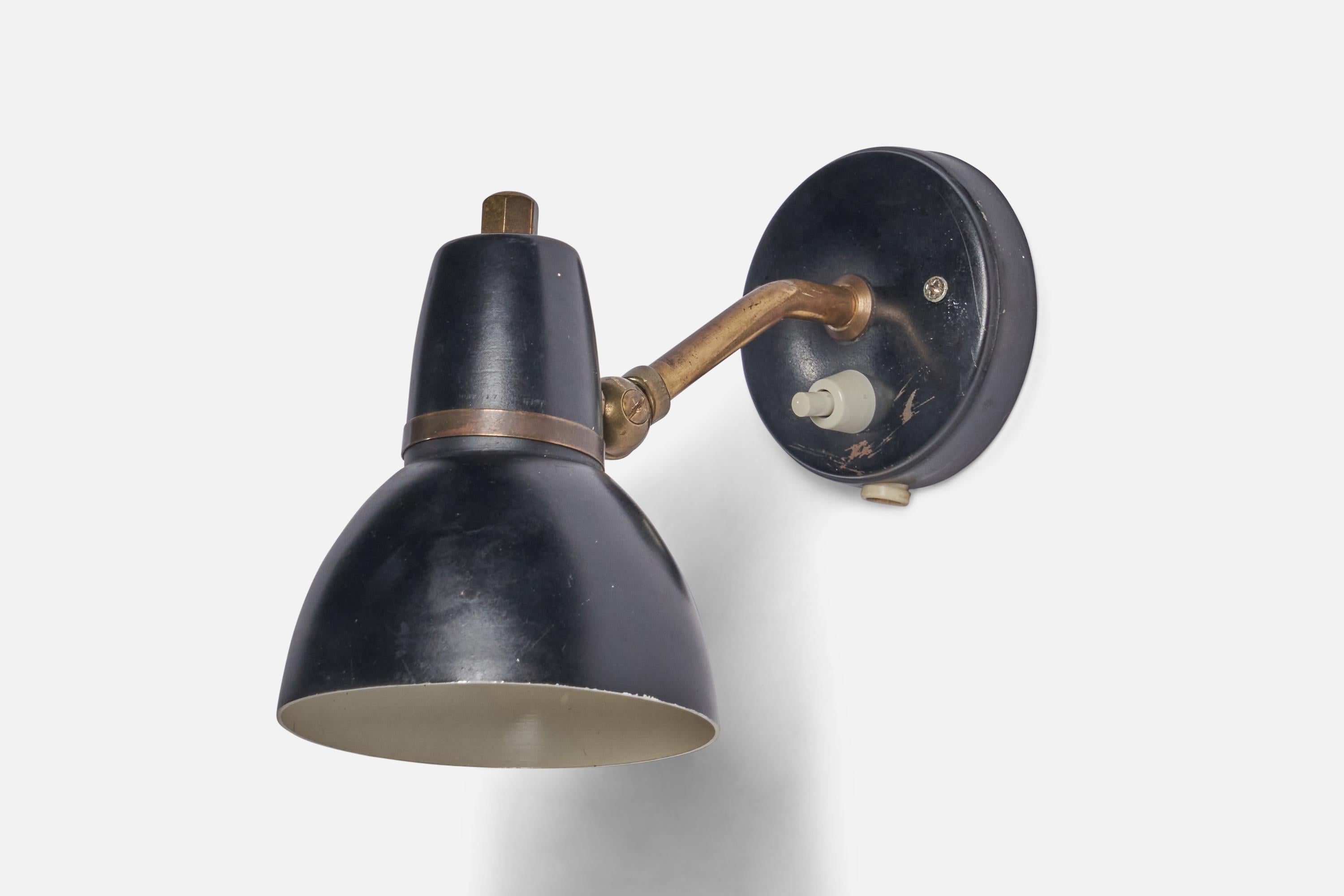 An adjustable brass and black-lacquered metal wall light, designed and produced in Denmark, 1940s.

Originally configured for plug in.

Overall Dimensions (inches): 6.5” H x 3.8” W x 6” D
Bulb Specifications: E-14 Bulb
Number of Sockets: 1
All