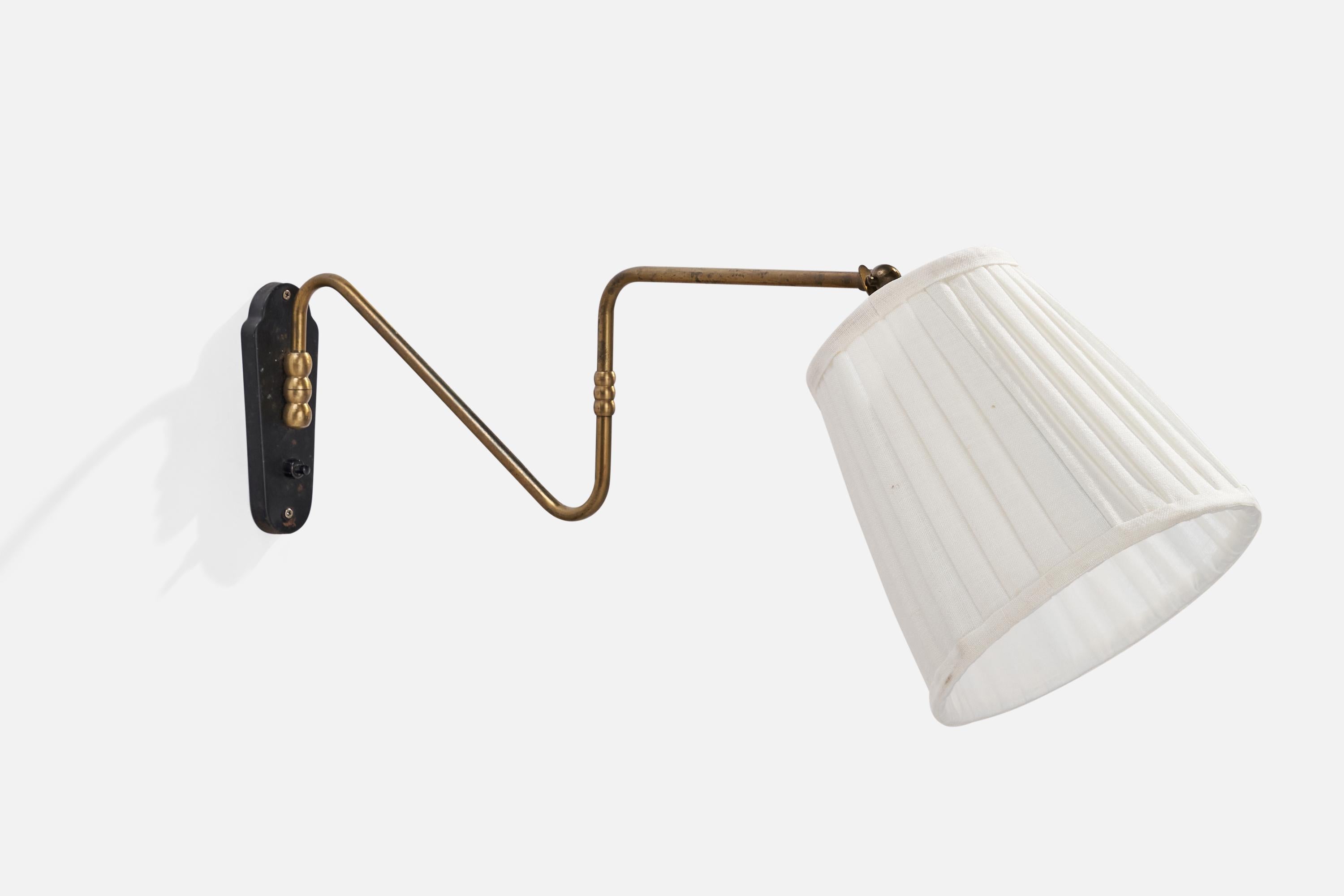 A black-lacquered metal, brass and white fabric wall light designed and produced in Denmark, 1940s.

Dimensions variable.
Overall Dimensions (inches): 8”  H x 10.5” W x 18.5”  D
Back Plate Dimensions (inches): 6.25” H x 2.25” W x .75”  D
Bulb