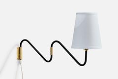 Danish Designer, Wall Light, Brass, Metal, Fabric, Denmark, 1950s