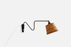 Danish Designer, Wall Light, Brass, Metal, Rattan, Denmark, 1940s