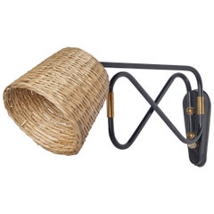 Danish Designer, Wall Light, Brass, Metal, Rattan, Denmark, 1950s