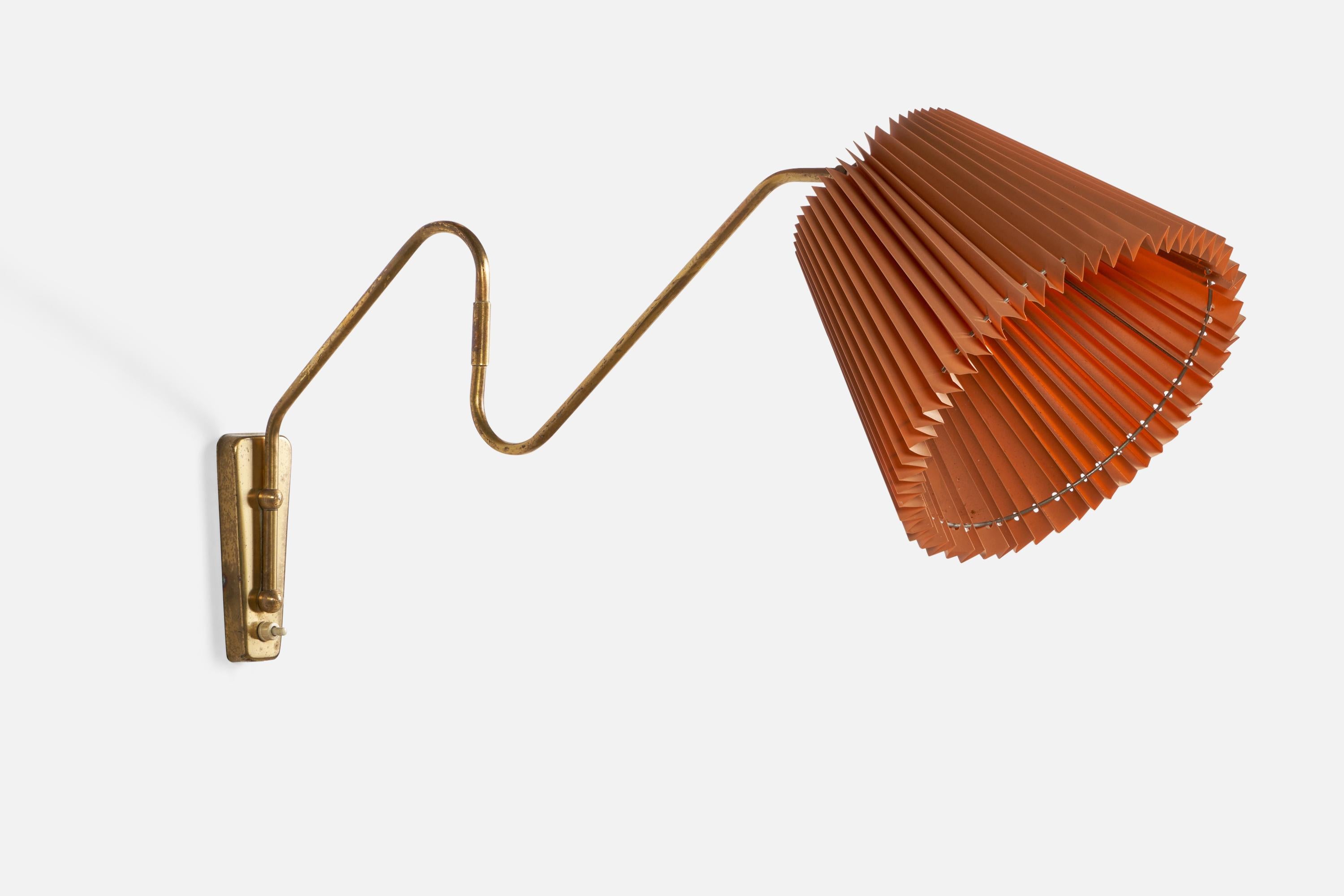 An adjustable brass and red paper wall light designed and produced in Denmark, 1940s.

Overall Dimensions (inches): 13.5” H x 10” W x 28.3” D
Back Plate Dimensions (inches): 6” H x 2.1” W x 0.7” D
Bulb Specifications: E-26 Bulb
Number of Sockets: