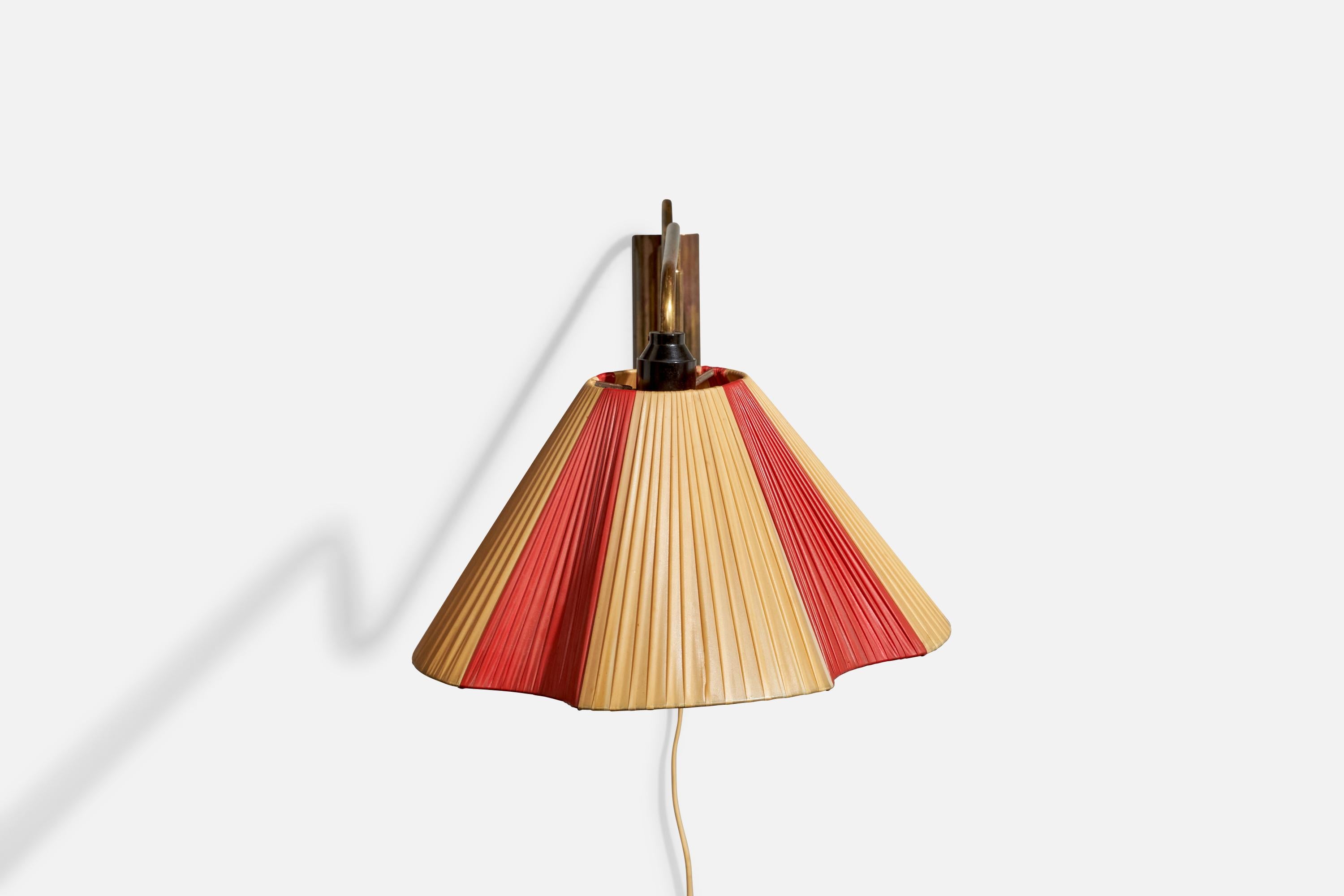 Scandinavian Modern Danish Designer, Wall Light, Brass, Plastic Band, Denmark, 1940s For Sale