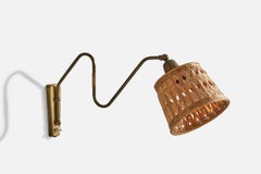 Danish Designer, Wall Light, Brass, Rattan, Denmark, 1940s