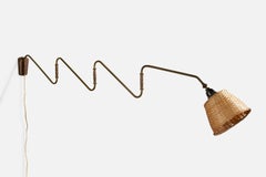 Danish Designer, Wall Light, Brass, Rattan, Denmark, 1940s