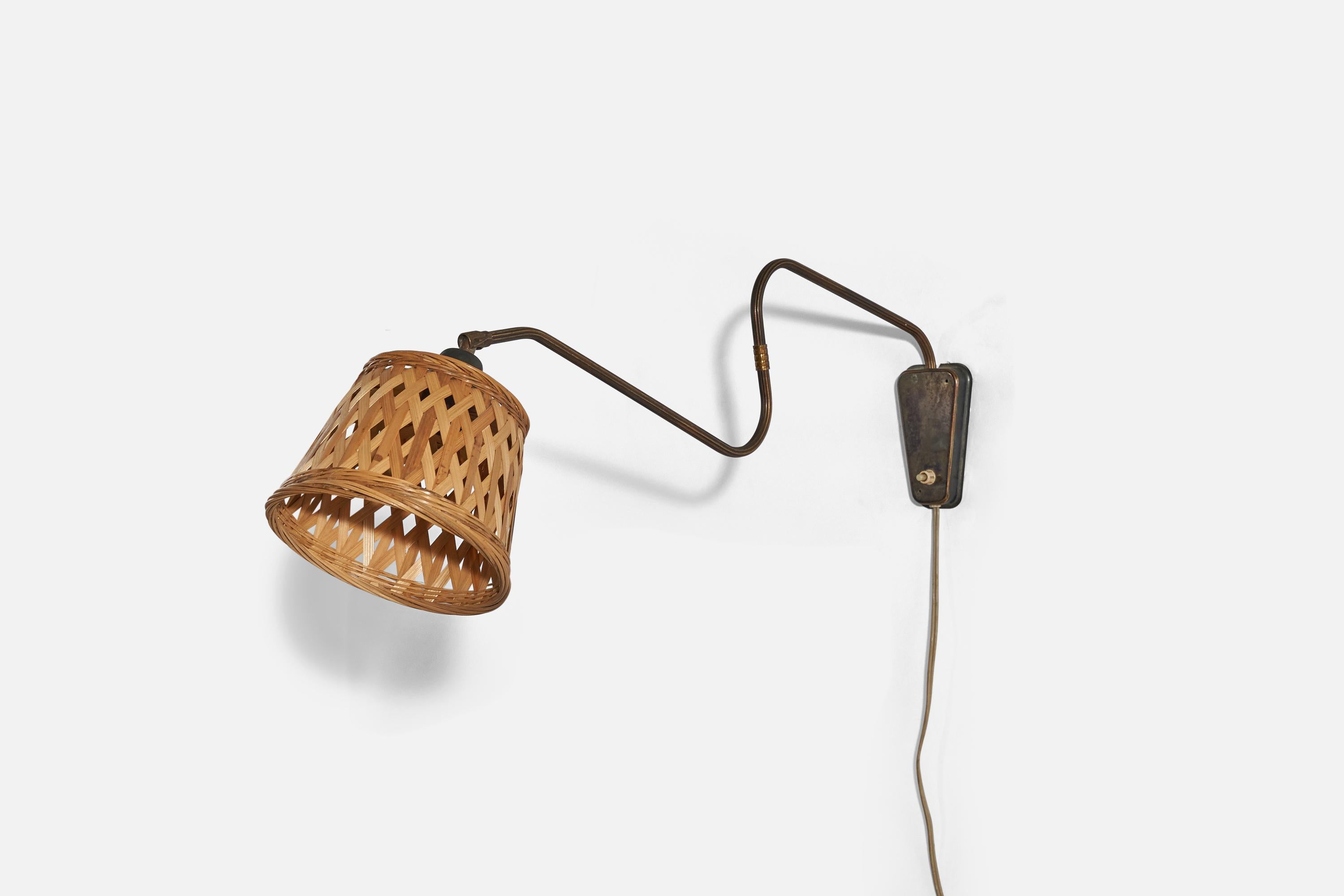 Scandinavian Modern Danish Designer, Wall Light, Brass, Rattan, Denmark, 1940s