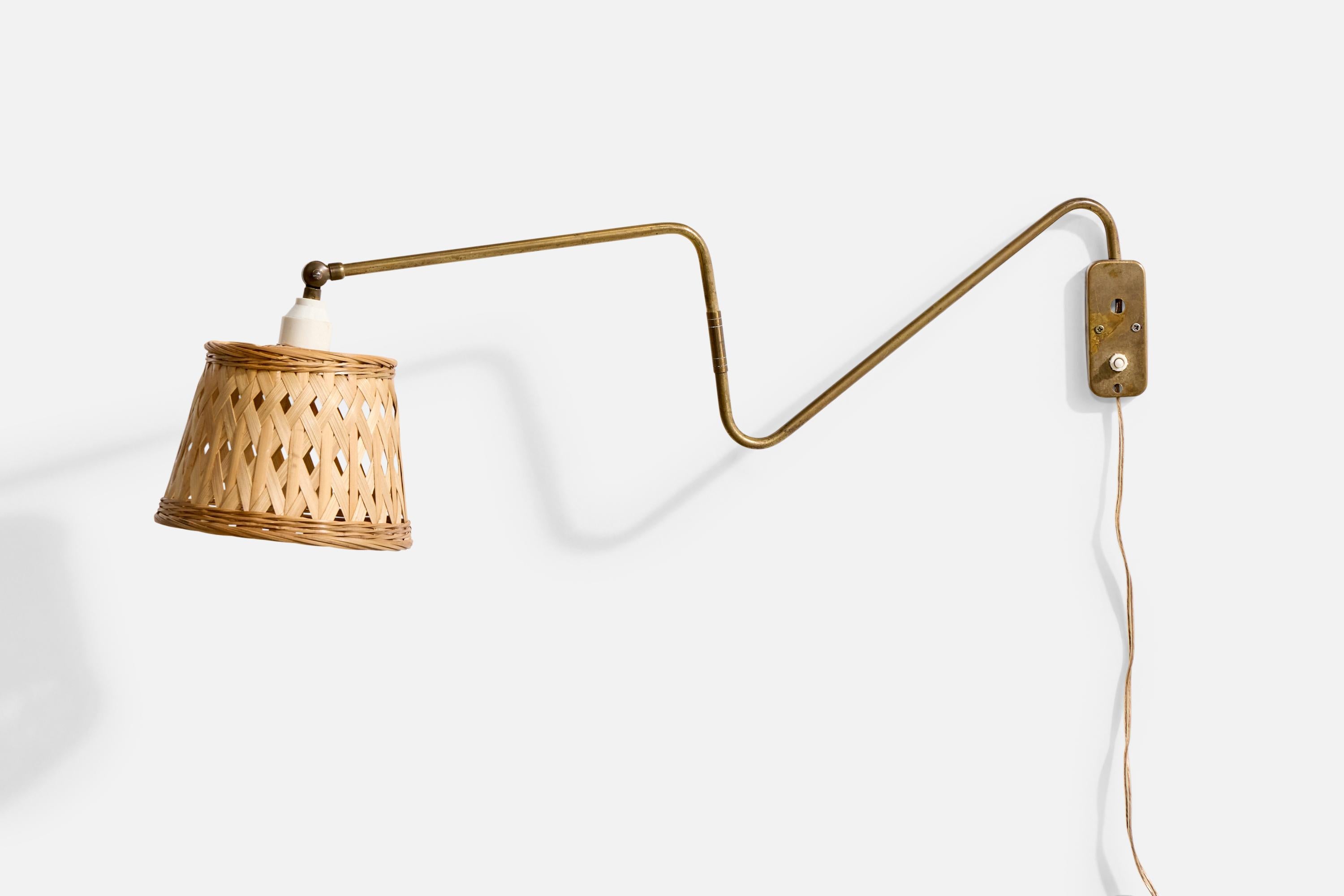 Mid-20th Century Danish Designer, Wall Light, Brass, Rattan, Denmark, 1940s
