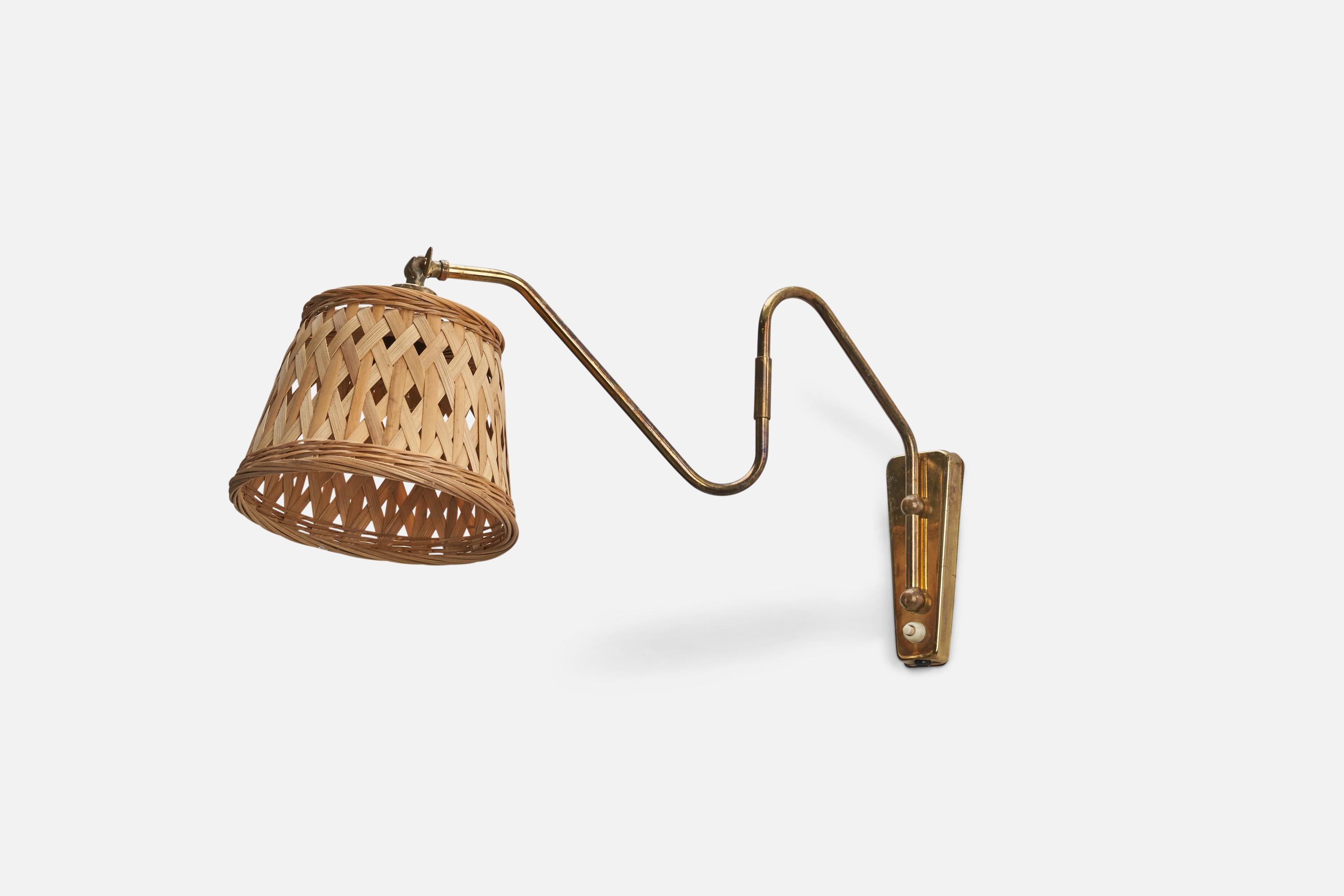 Mid-20th Century Danish Designer, Wall Light, Brass, Rattan, Denmark, 1940s For Sale