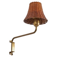 Danish Designer, Wall Light, Brass, Rattan, Denmark, 1940s