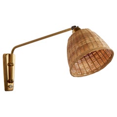Danish Designer, Wall Light, Brass, Rattan, Denmark, 1940s