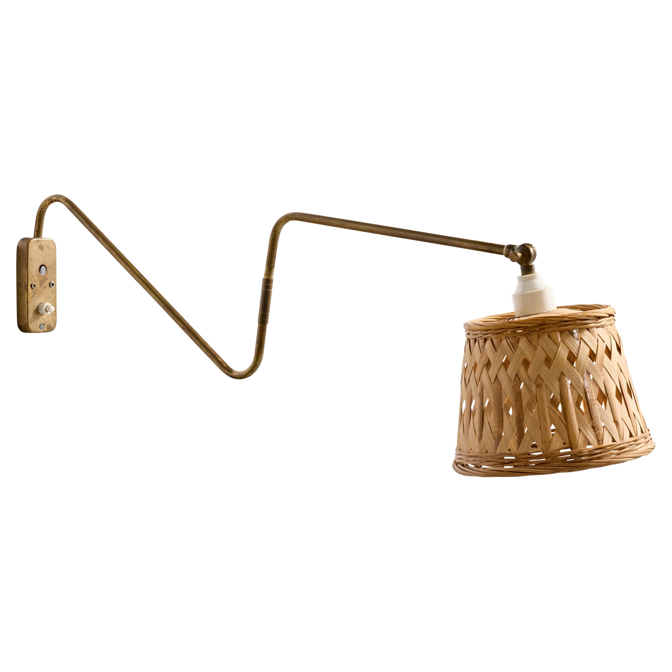 Danish Designer, Wall Light, Brass, Rattan, Denmark, 1940s