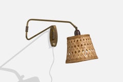 Danish Designer, Wall Light, Brass, Rattan, Denmark, 1950s