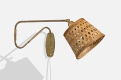 Danish Designer, Wall Light, Brass, Rattan, Denmark, 1950s