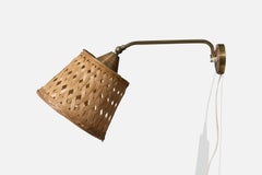Danish Designer, Wall Light, Brass, Rattan, Denmark, 1950s