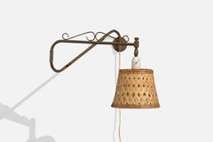 Danish Designer, Wall Light, Brass, Rattan, Denmark, 1950s