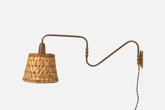 Danish Designer, Wall Light, Brass, Rattan, Denmark, 1950s