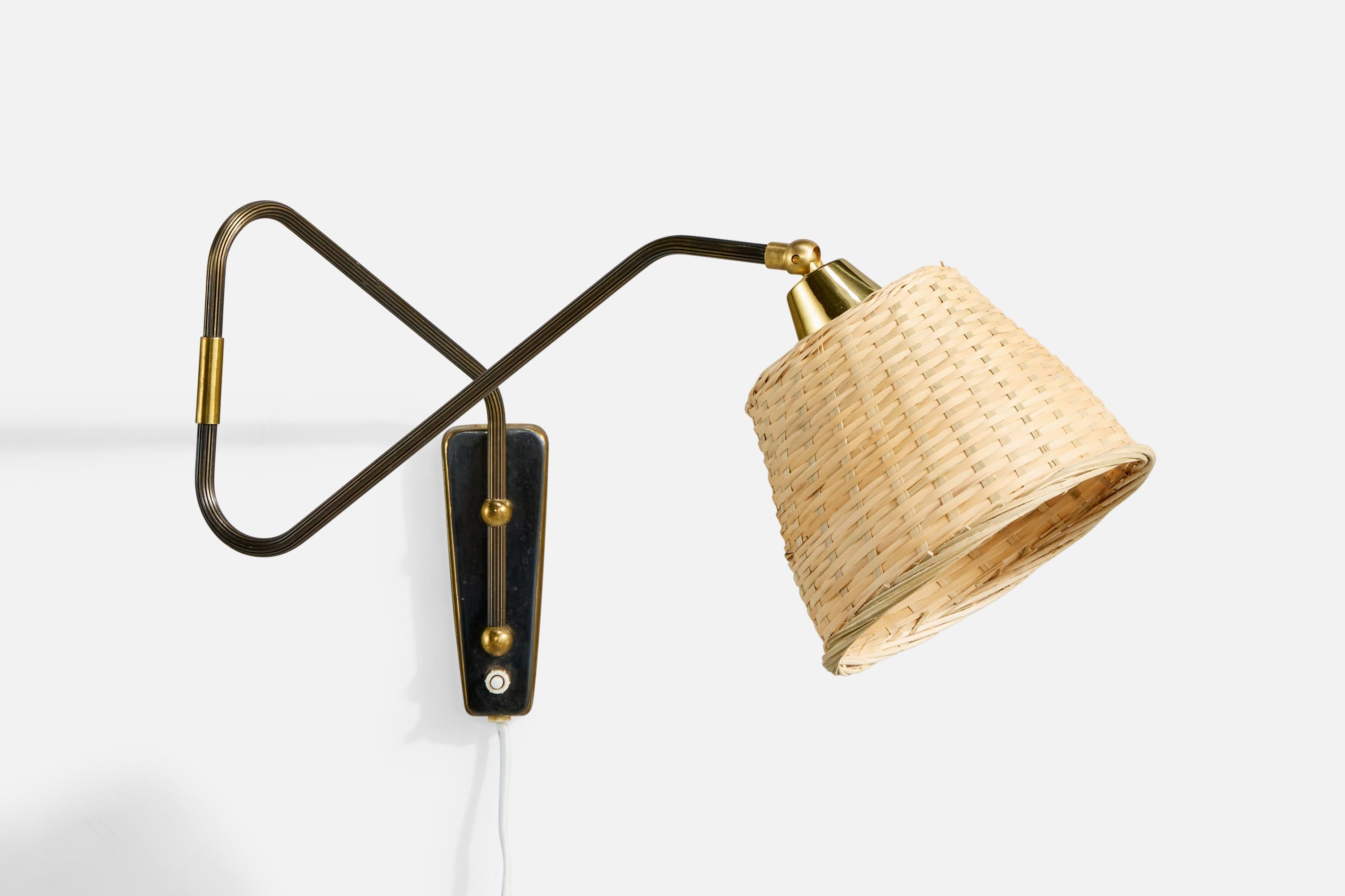 Mid-Century Modern Danish Designer, Wall Light, Brass, Rattan, Denmark, 1950s For Sale