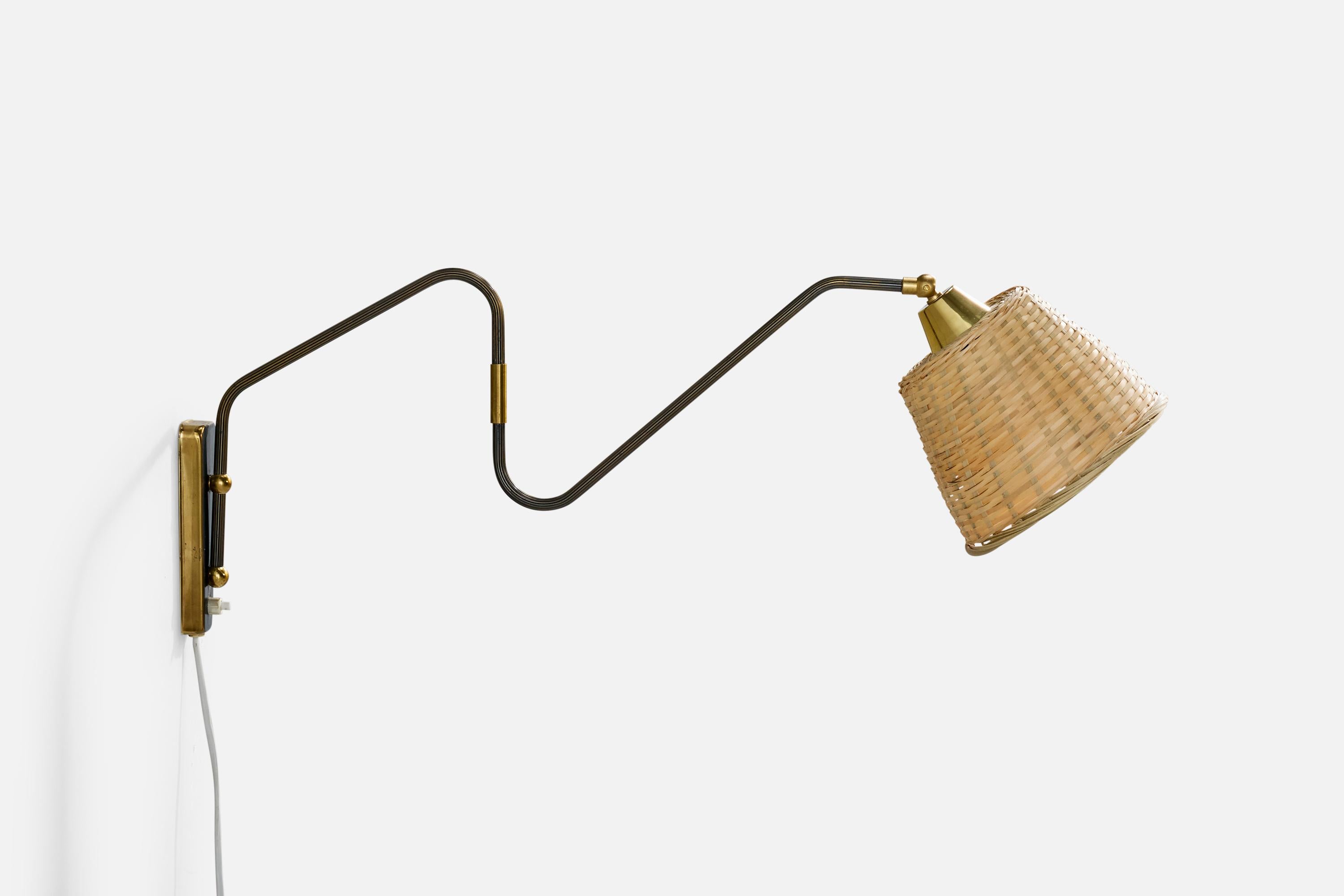 Mid-20th Century Danish Designer, Wall Light, Brass, Rattan, Denmark, 1950s For Sale