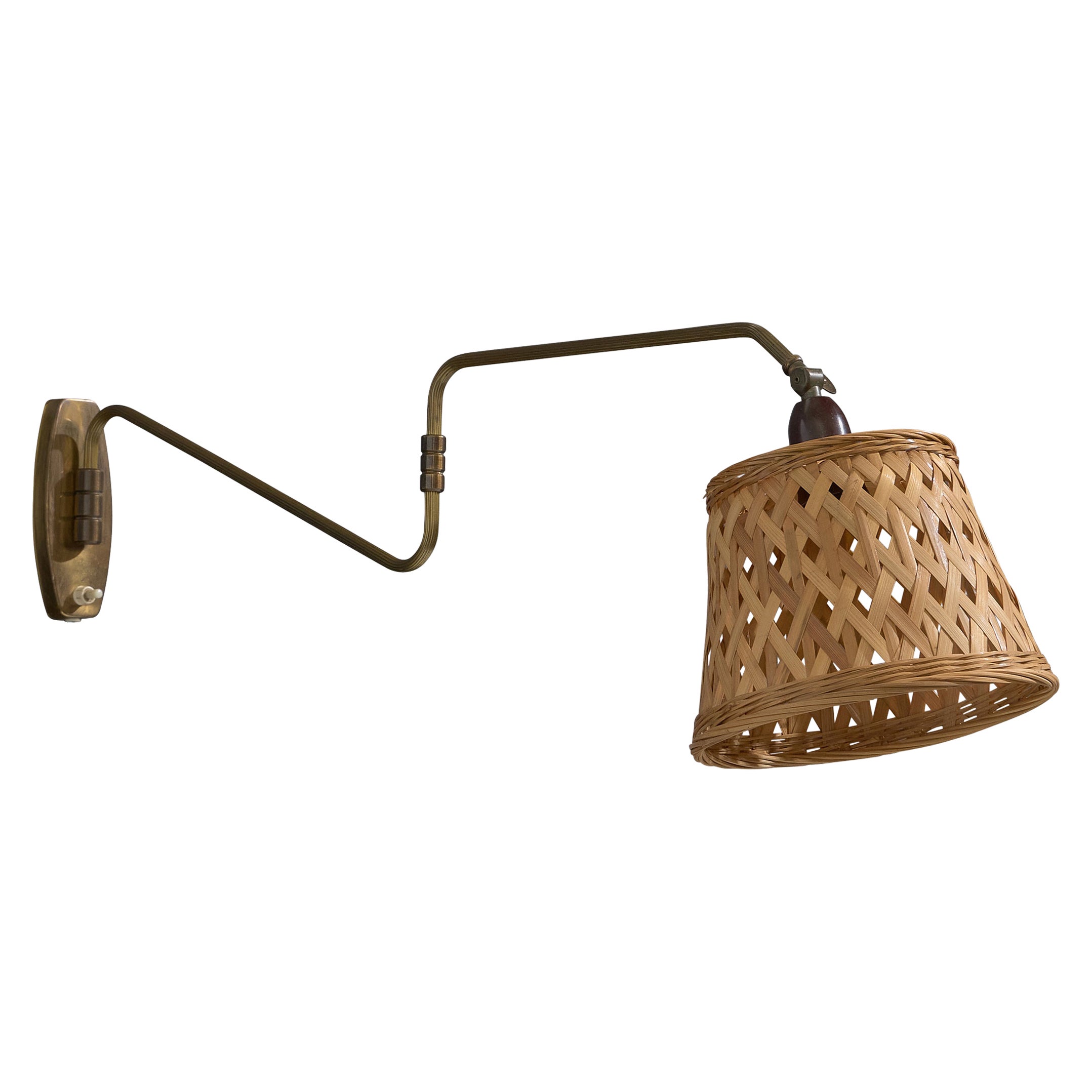 Danish Designer, Wall Light, Brass, Rattan, Denmark, 1950s For Sale