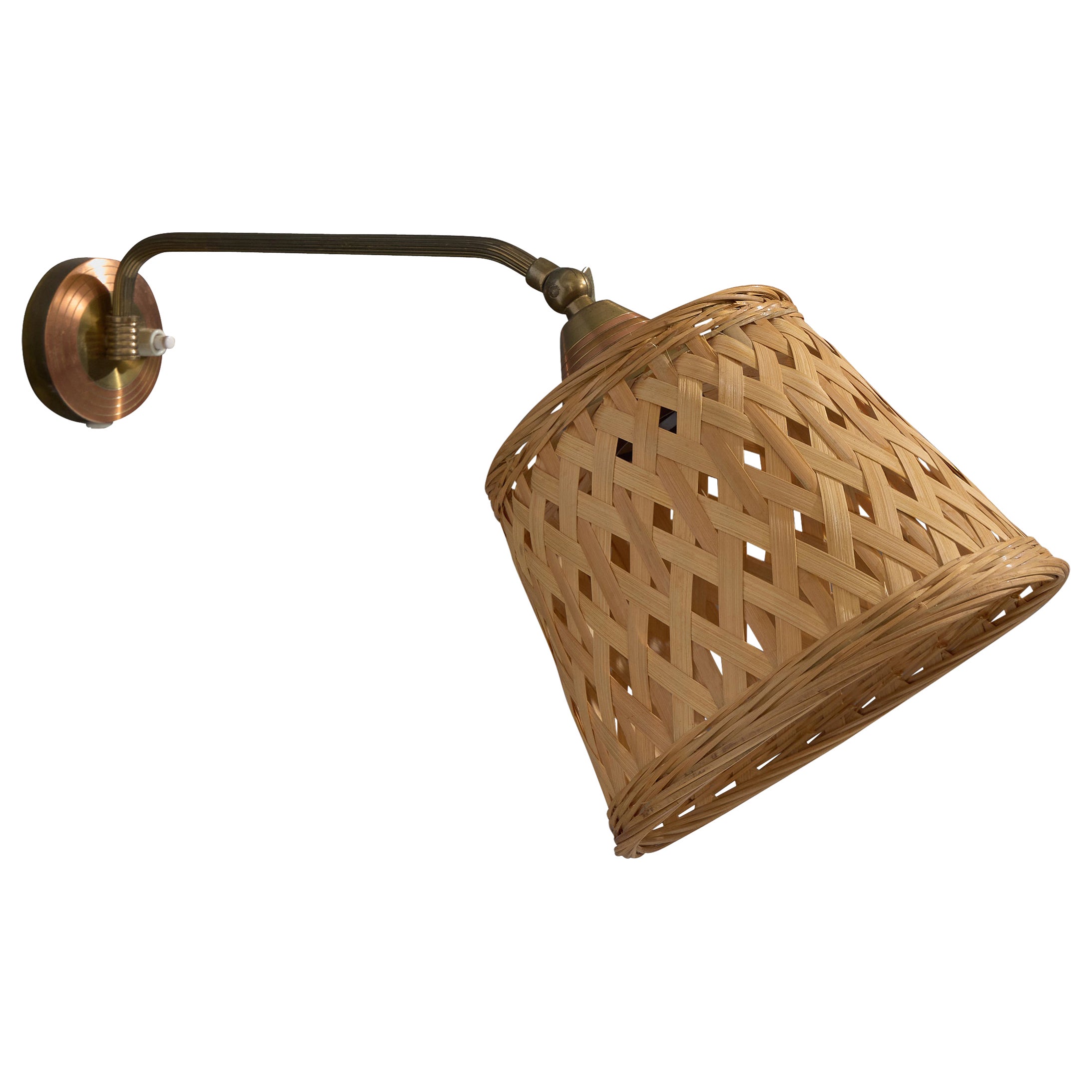 Danish Designer, Wall Light, Brass, Rattan, Denmark, 1950s