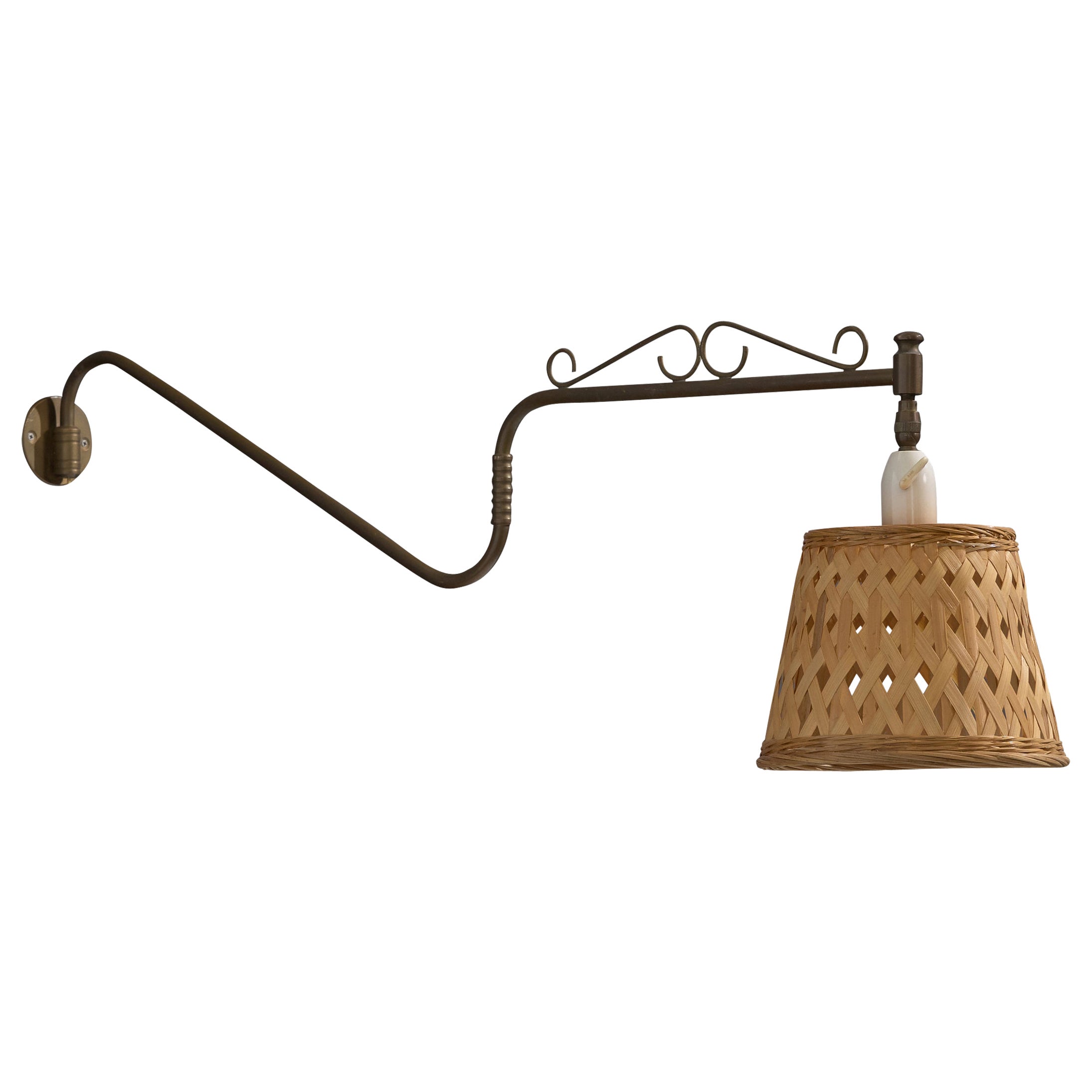 Danish Designer, Wall Light, Brass, Rattan, Denmark, 1950s