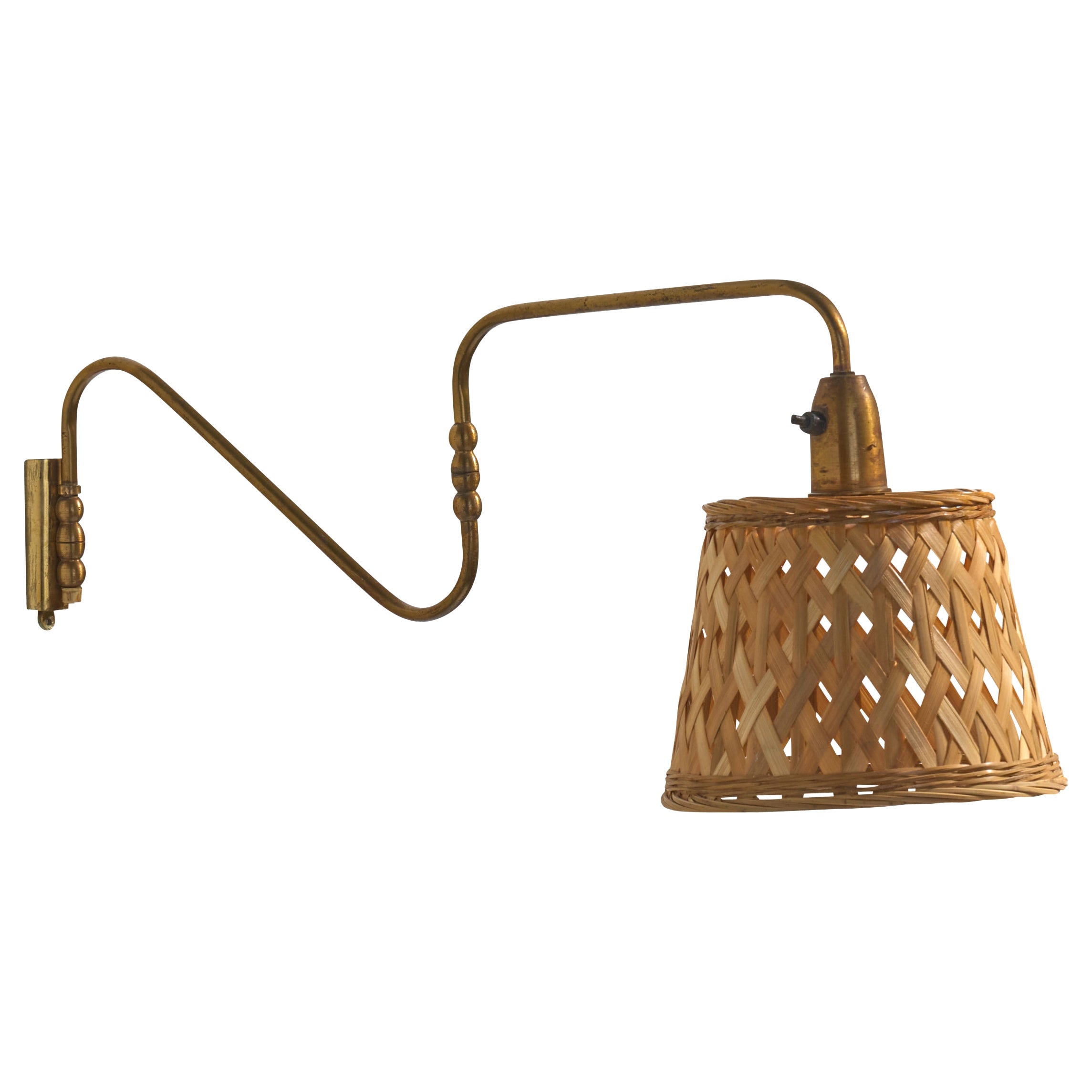 Dänische Designerin, Wandleuchte, Messing, Rattan, Dänemark, 1950er Jahre