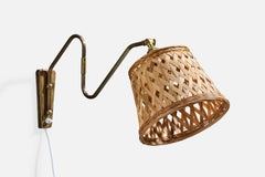 Danish Designer, Wall Light, Brass, Rattan, Denmark, 1950s