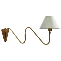 Danish Designer,  Wall Light, Brass, Teak, Fabric, Denmark, 1940s