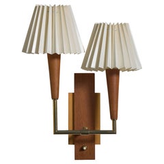 Danish Designer, Wall Light, Brass, Teak, Wood, Denmark, 1950s