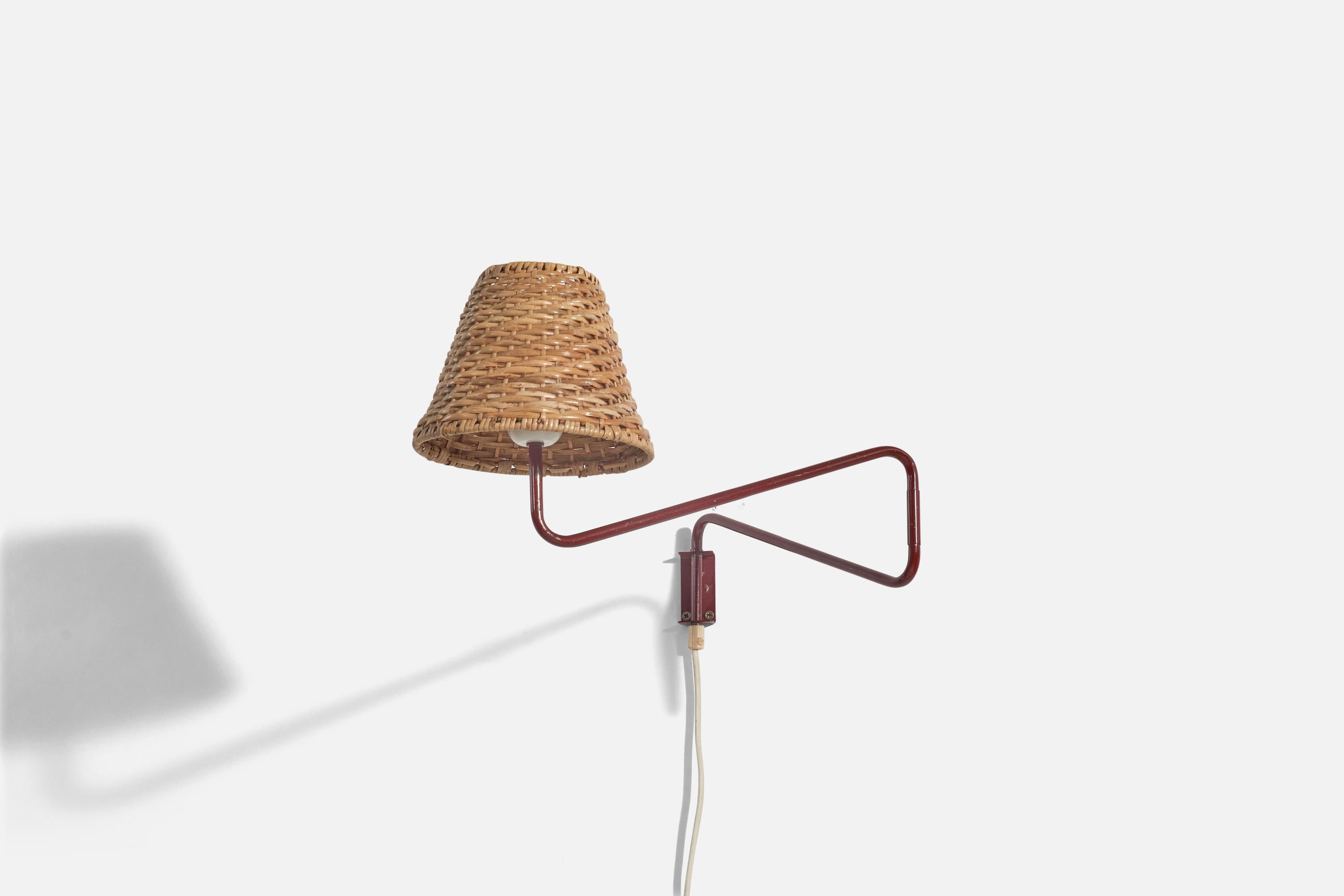 Scandinavian Modern Danish Designer, Wall Light, Red Metal, Rattan, Denmark, 1950s