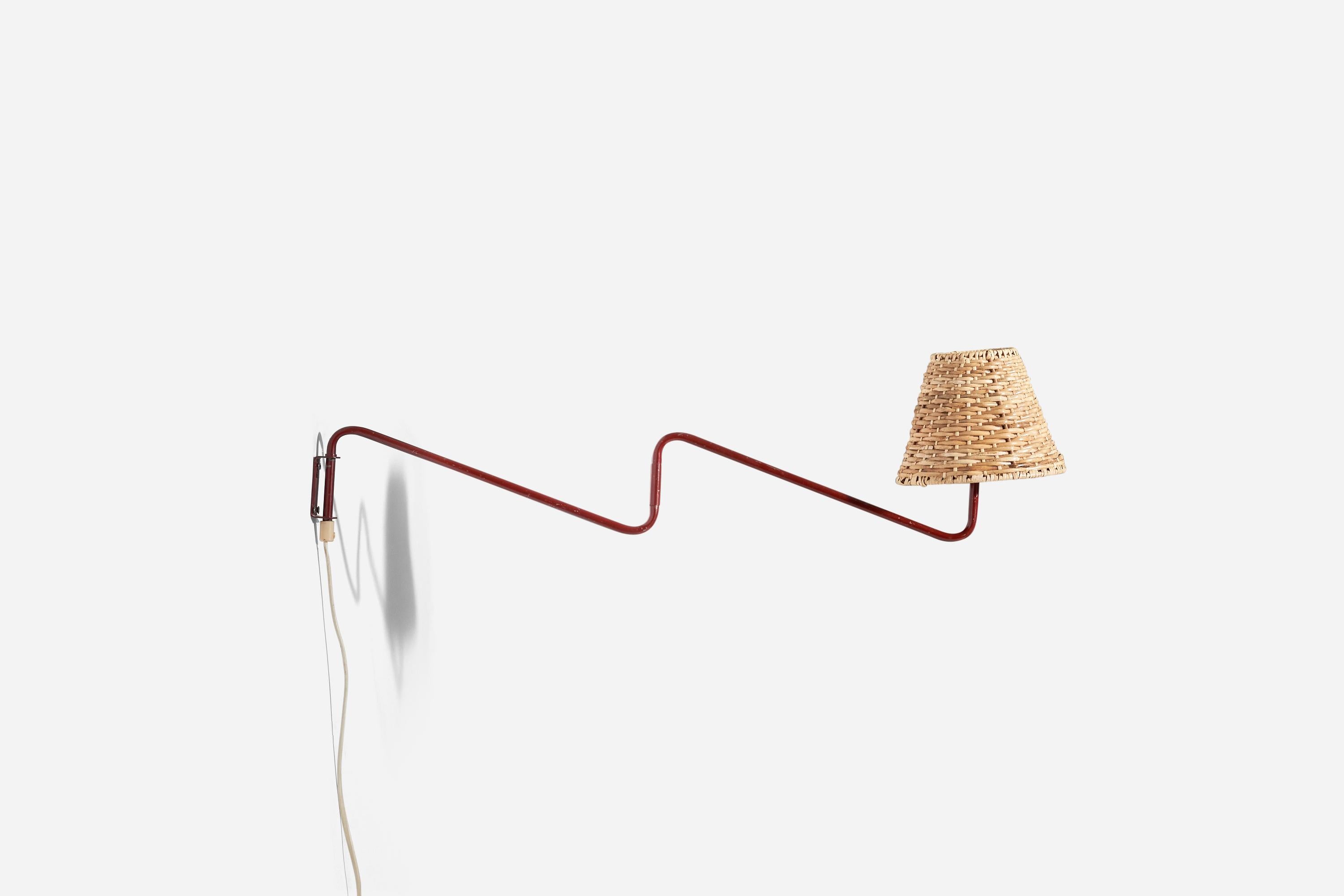 Danish Designer, Wall Light, Red Metal, Rattan, Denmark, 1950s In Good Condition In High Point, NC