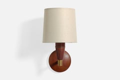 Danish Designer, Wall Light, Teak, Brass, Fabric, Denmark, 1950s
