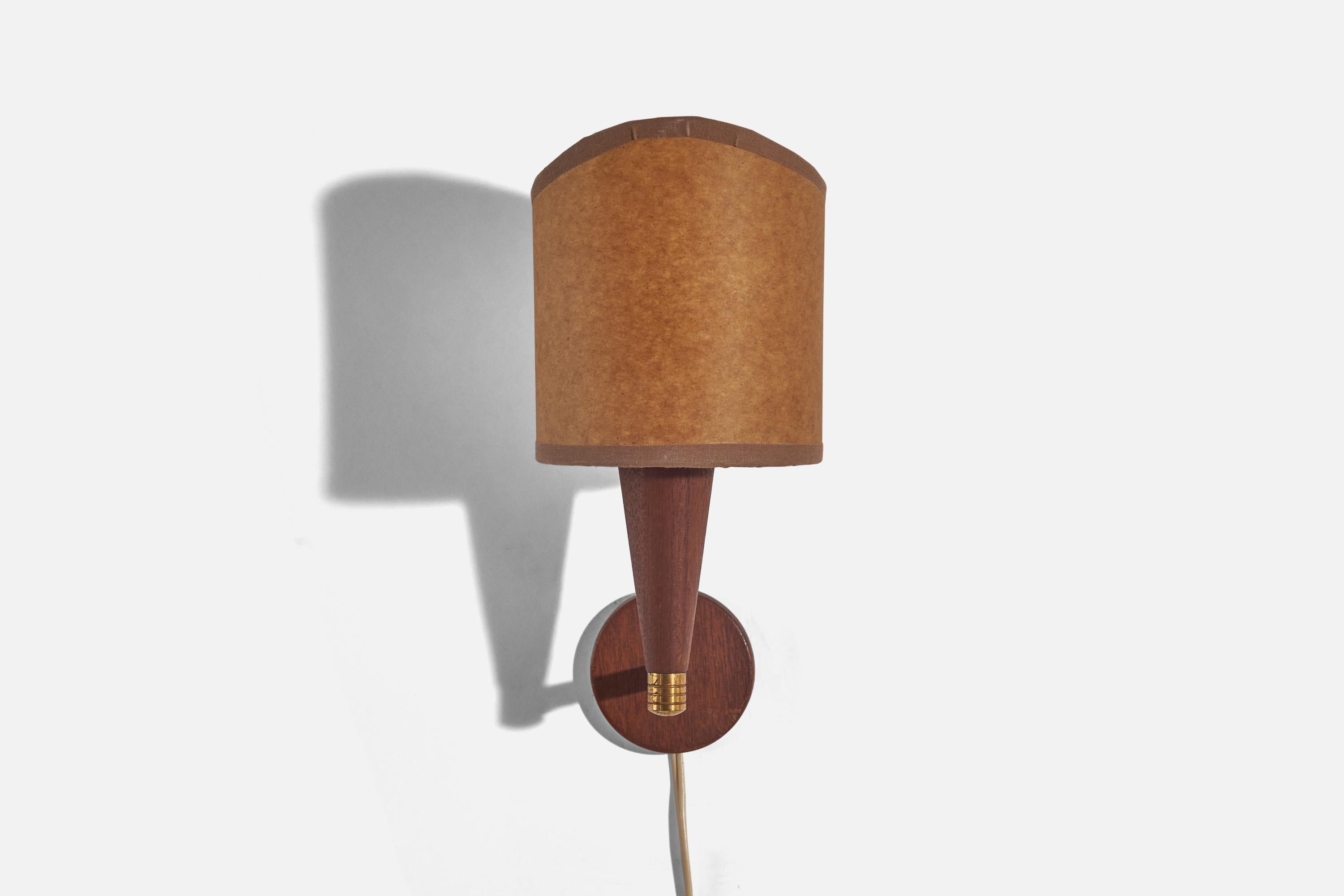 A brass, teak and paper wall light designed and produced in Denmark, 1950s. 

Lampshade can be purchased with the lamp.
Dimensions of back plate (inches) : 2.68 x 2.68 x 0.43 (H x W x D).