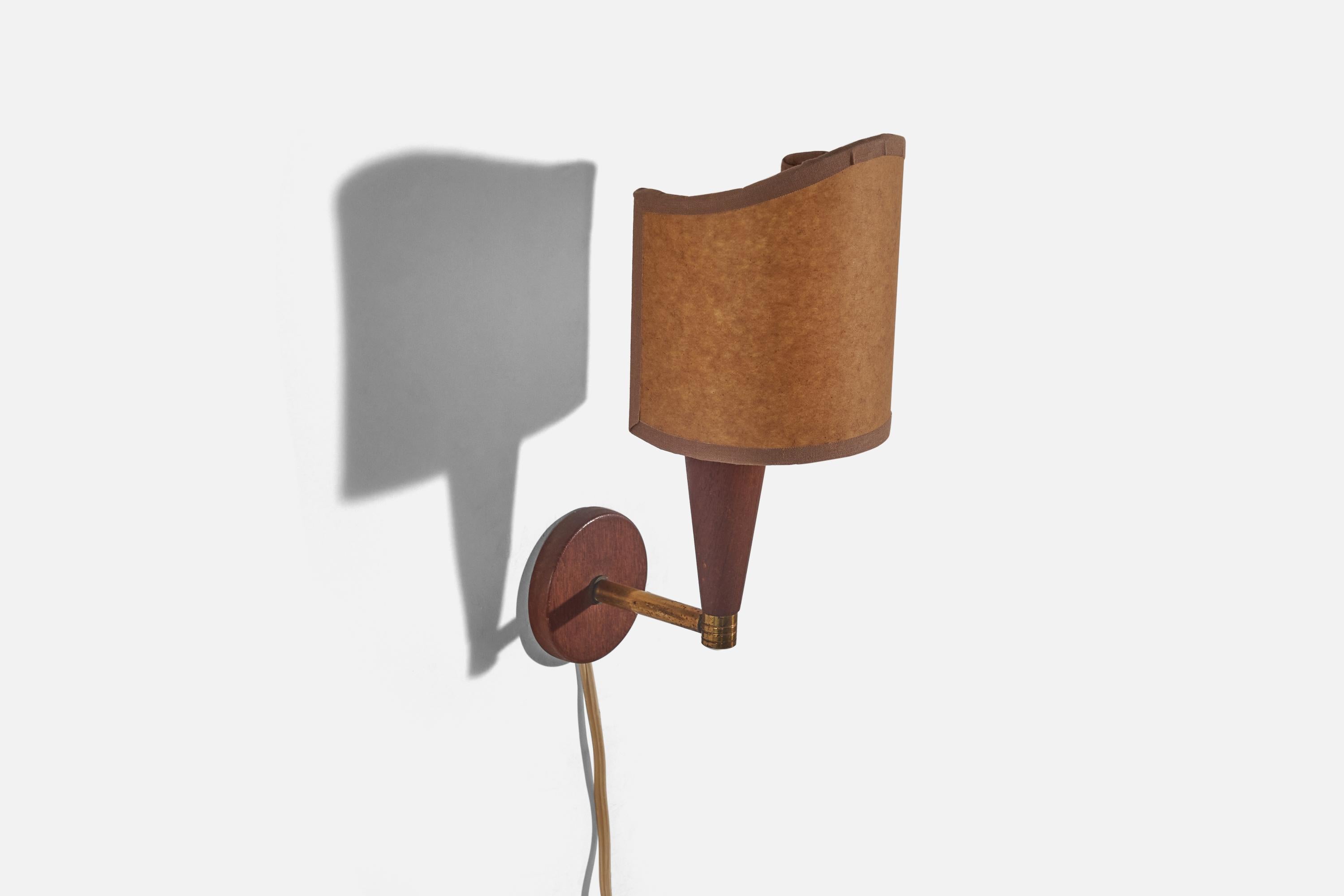 Mid-20th Century Danish Designer, Wall Light, Teak, Brass, Paper, Denmark, 1950s For Sale