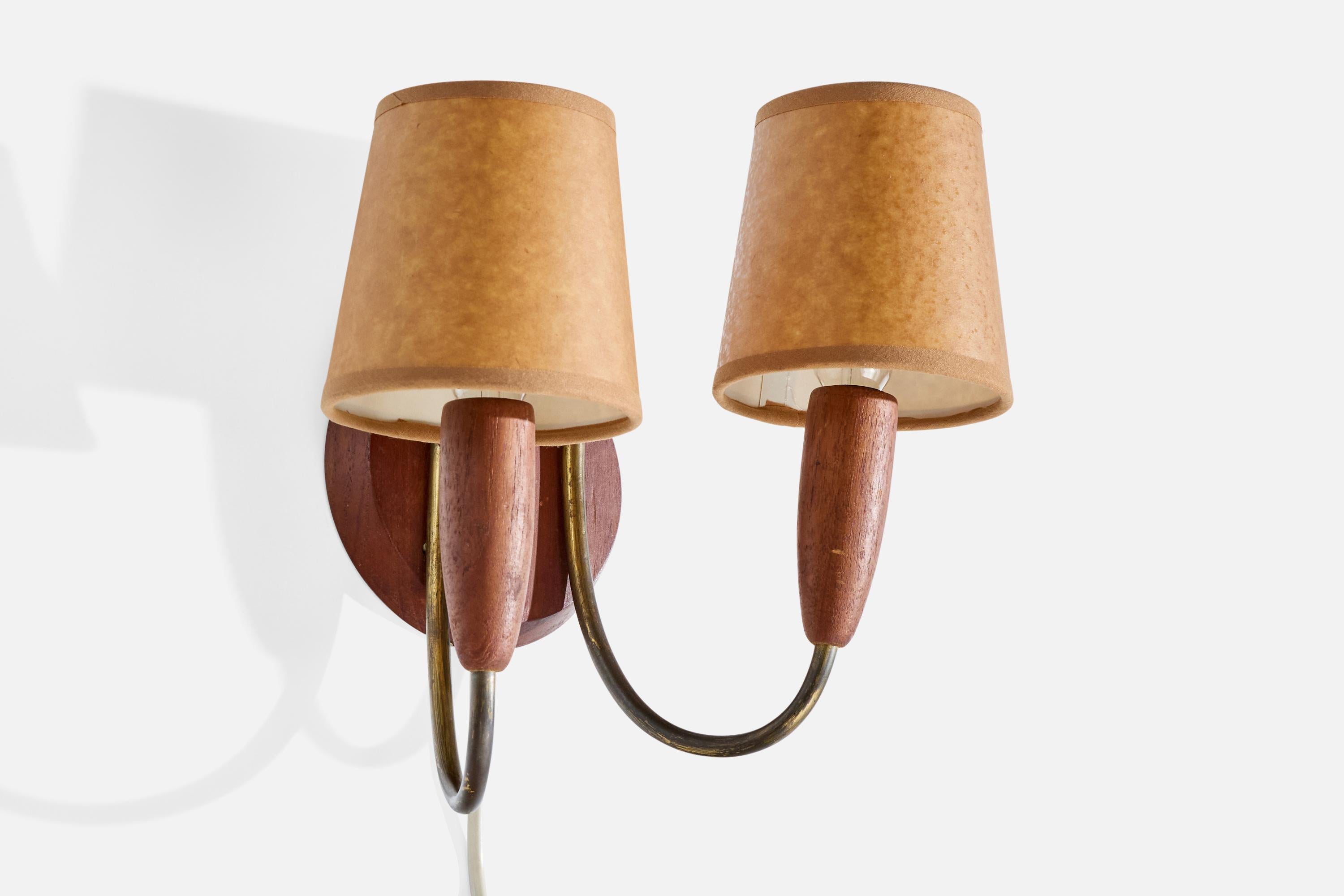 Mid-Century Modern Danish Designer, Wall Light, Teak, Brass, Parchment, Denmark, 1950s For Sale