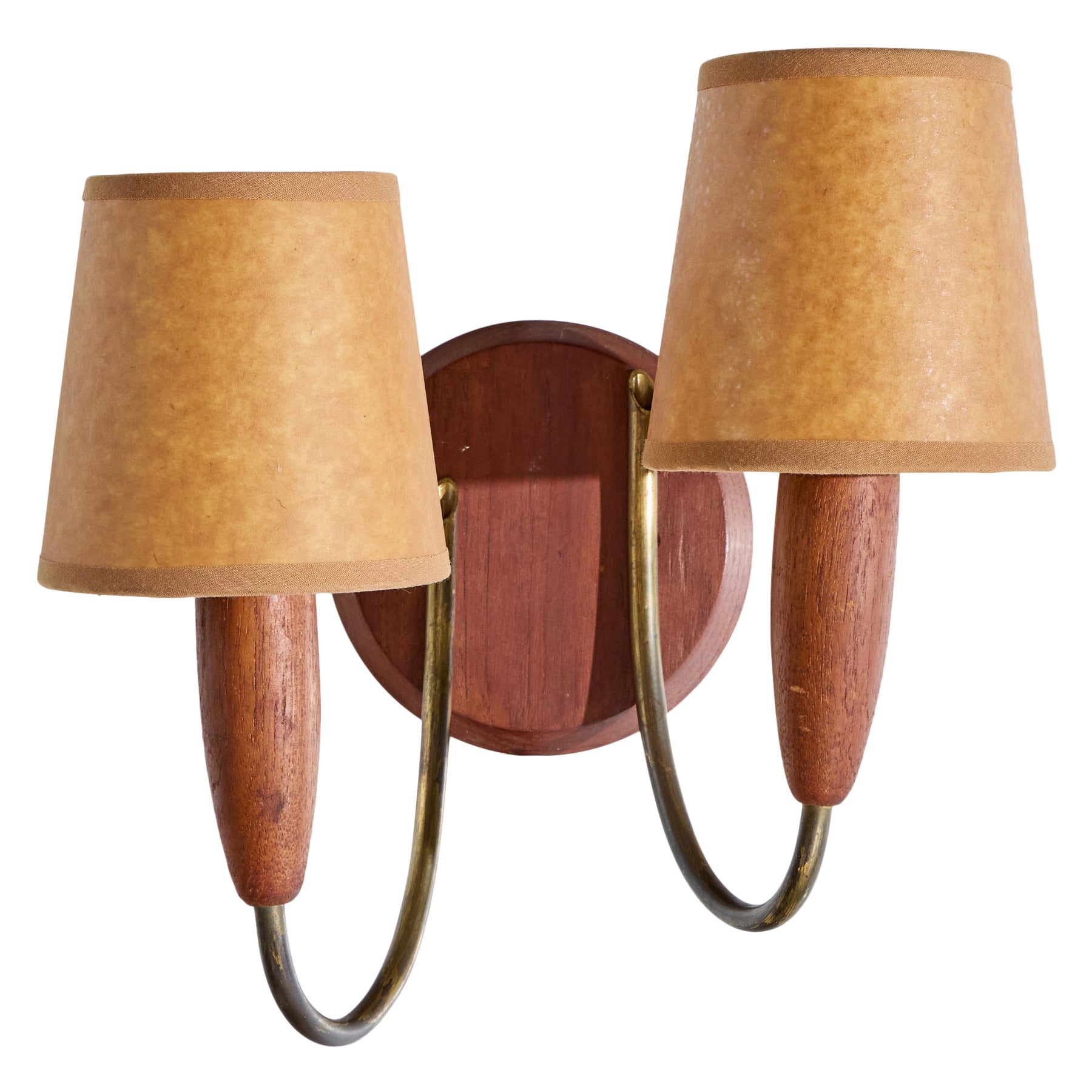 Danish Designer, Wall Light, Teak, Brass, Parchment, Denmark, 1950s