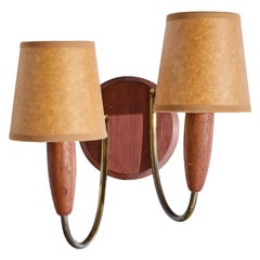 Danish Designer, Wall Light, Teak, Brass, Parchment, Denmark, 1950s