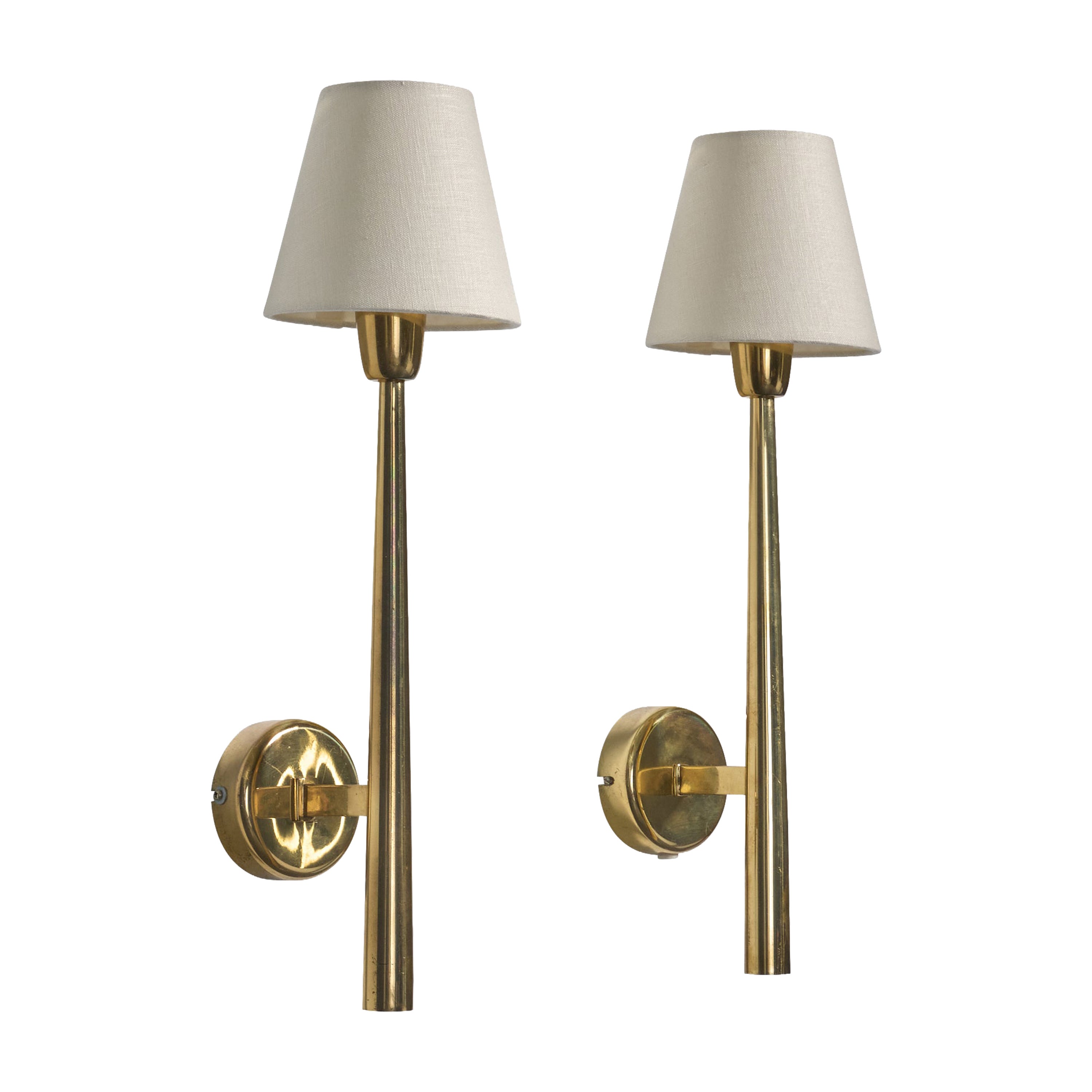 Danish Designer, Wall Lights, Brass, Fabric, Denmark, 1950s