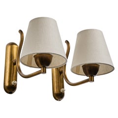 Danish Designer, Wall Lights, Brass, Fabric, Denmark, 1950s
