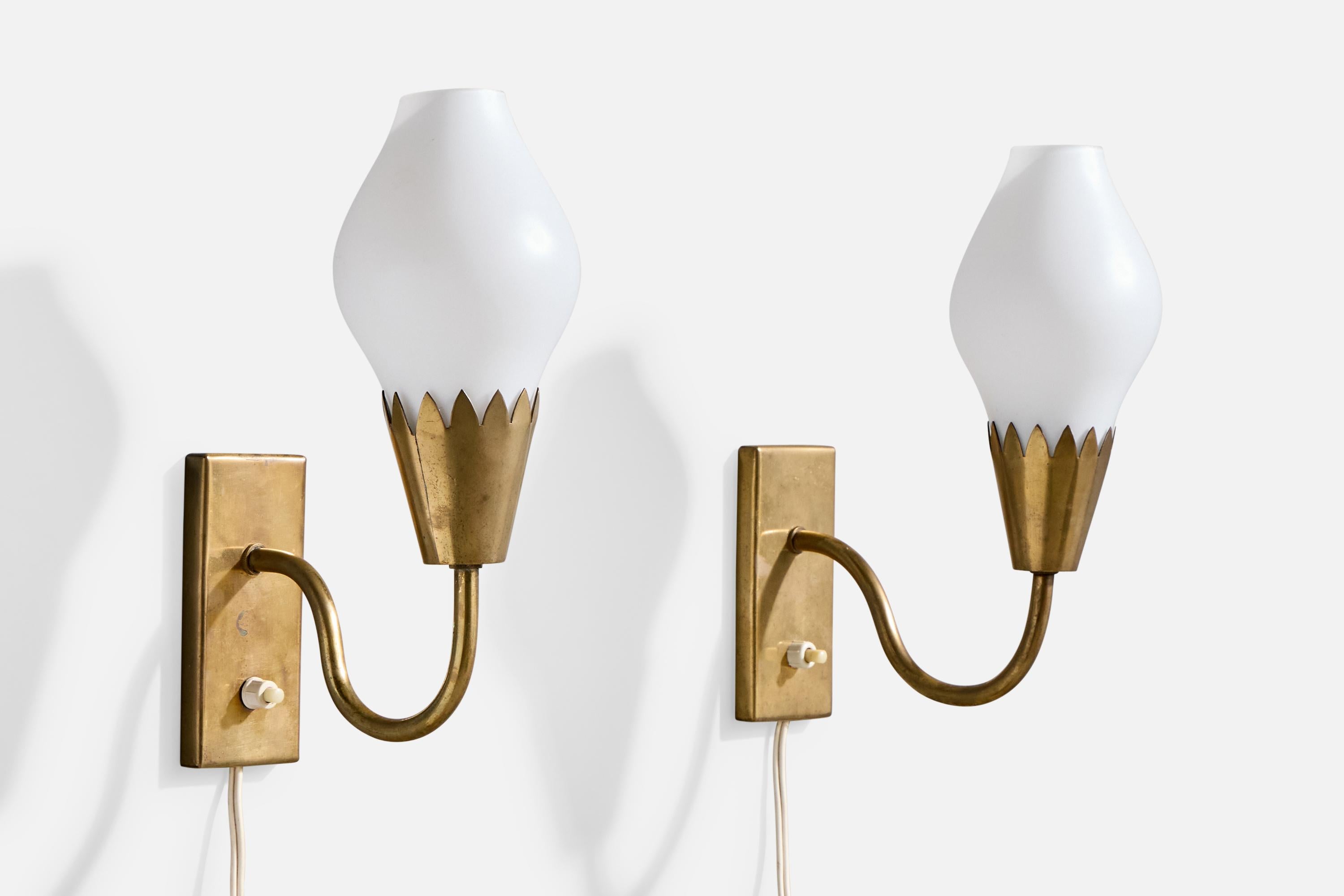 A pair of brass and white opaline glass wall lights designed and produced in Denmark, c. 1950s.

Overall Dimensions (Inches): 10.75