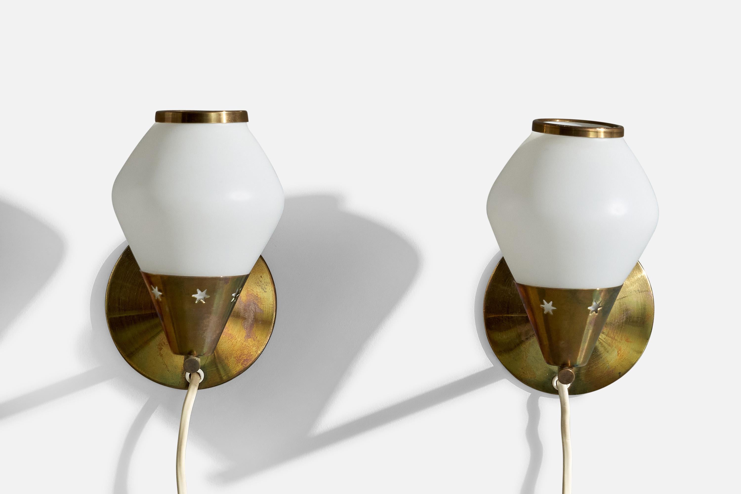 Mid-Century Modern Danish Designer, Wall Lights, Brass, Glass, Denmark, 1950s For Sale