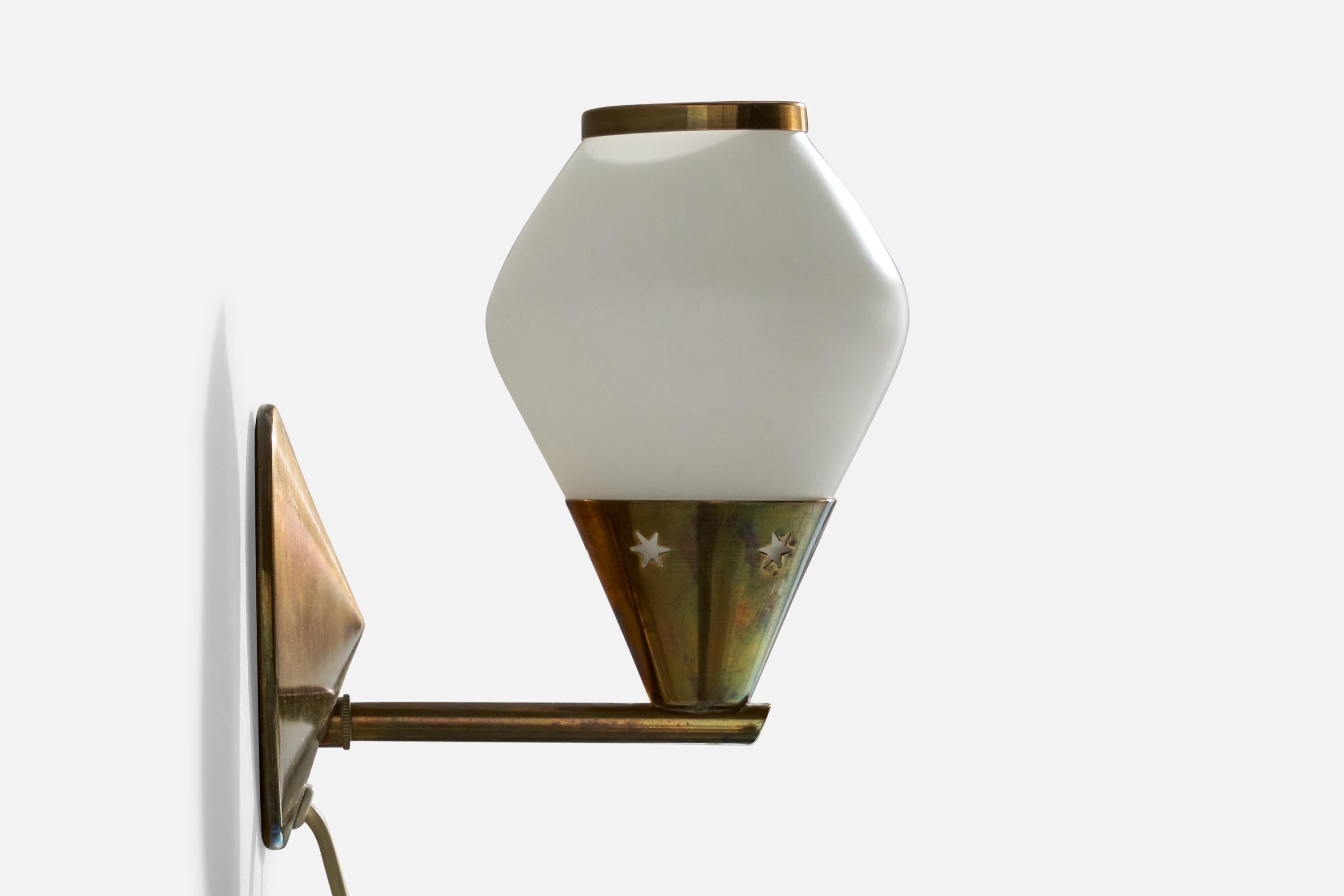 Mid-20th Century Danish Designer, Wall Lights, Brass, Glass, Denmark, 1950s For Sale