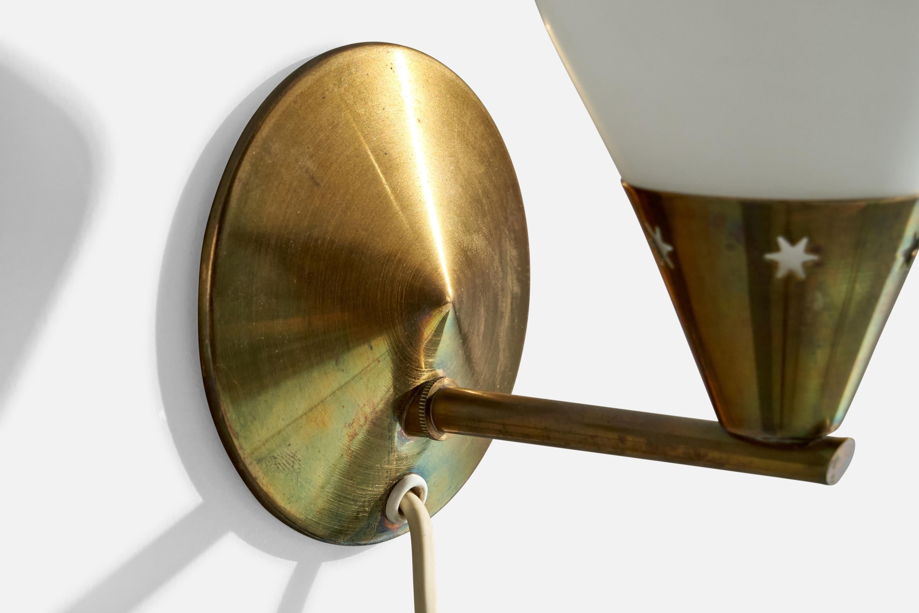 Danish Designer, Wall Lights, Brass, Glass, Denmark, 1950s For Sale 1