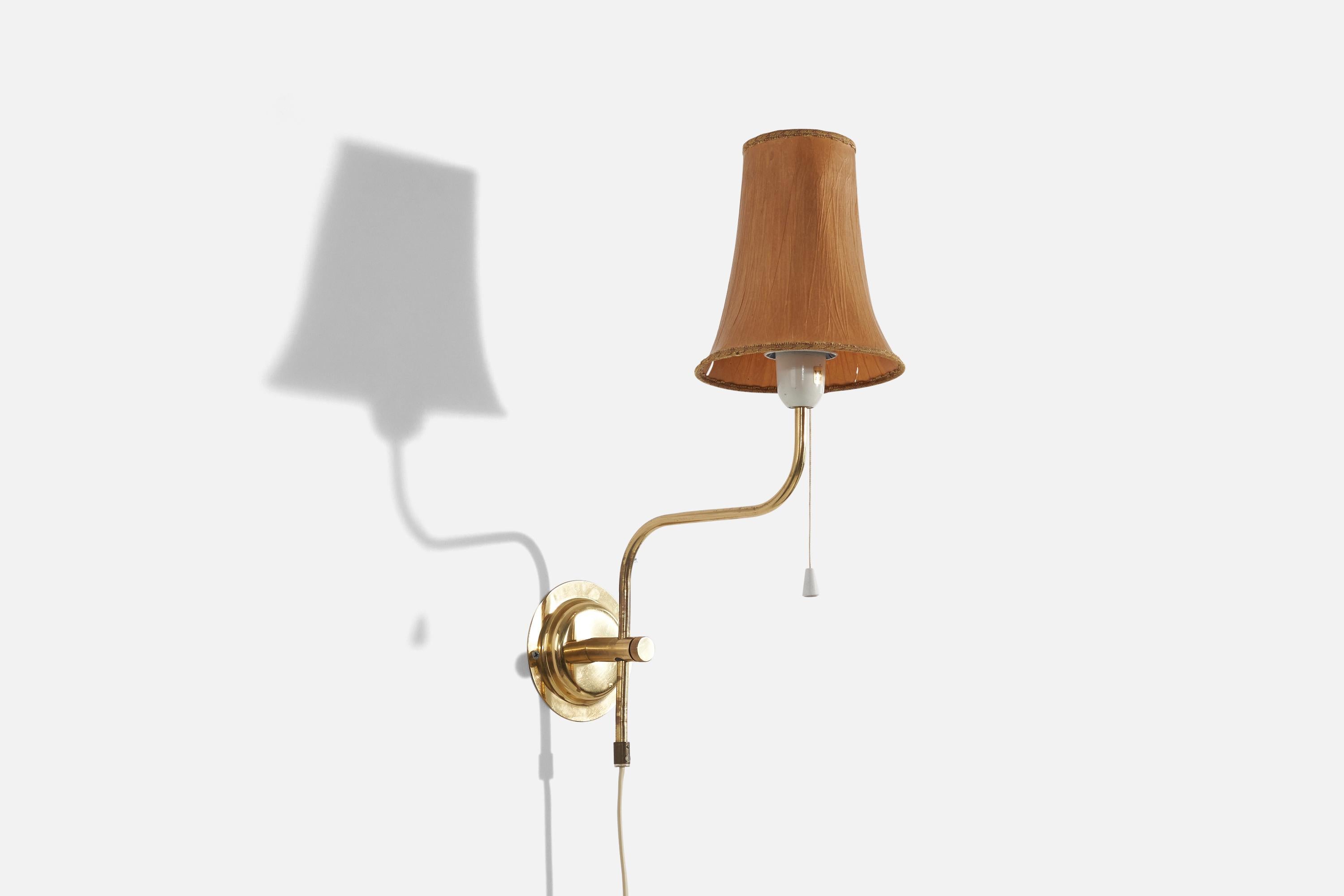 A pair of brass and paper mache wall lights designed and produced in Denmark, c. 1960s. 

Sold with Lampshade. 
Stated dimensions refer to the Sconce with the Shade. 
Variable dimensions, measured as illustrated in the first image. 
Dimensions
