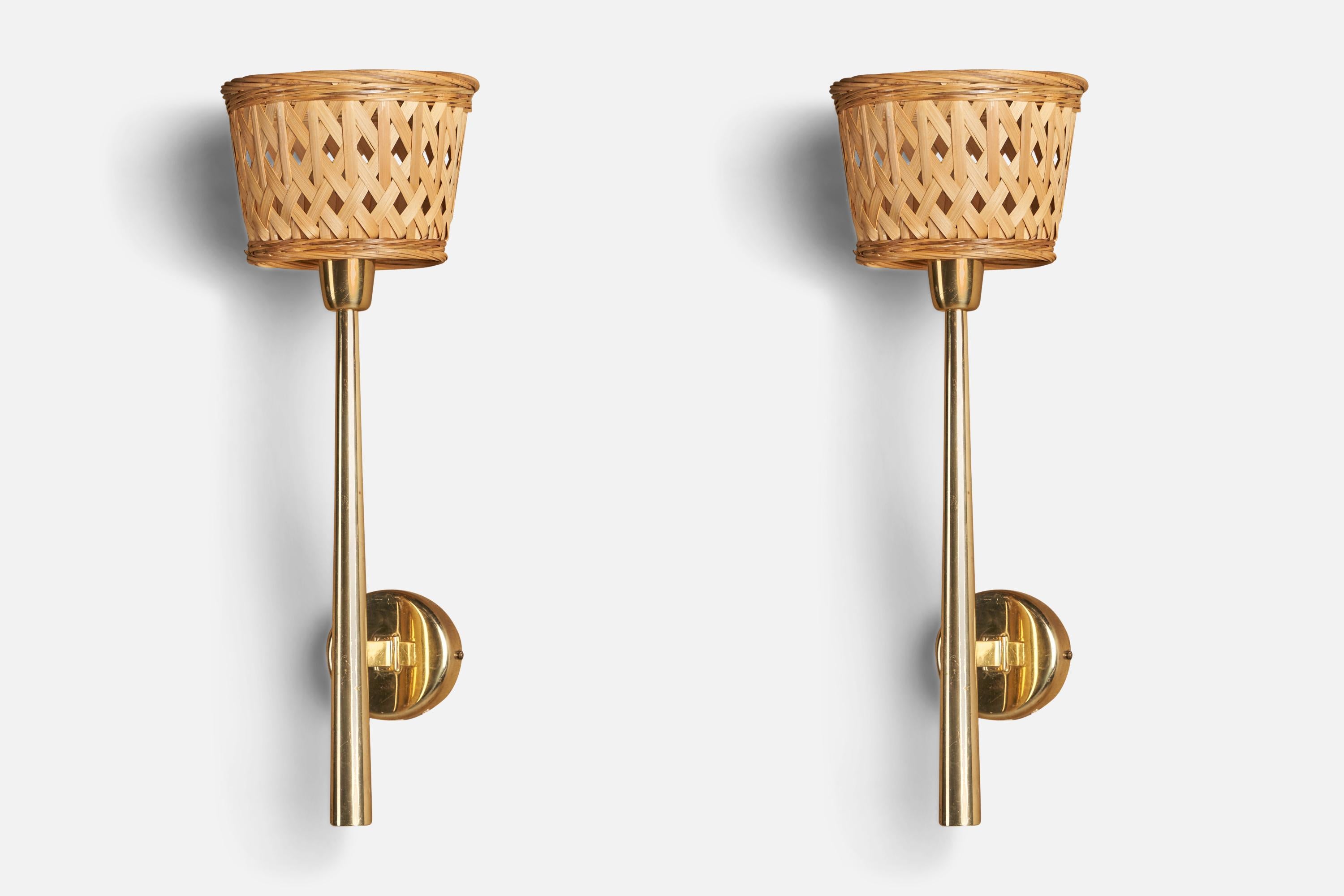 Danish Designer, Wall Lights, Brass, Rattan, Denmark, 1940s In Good Condition For Sale In High Point, NC
