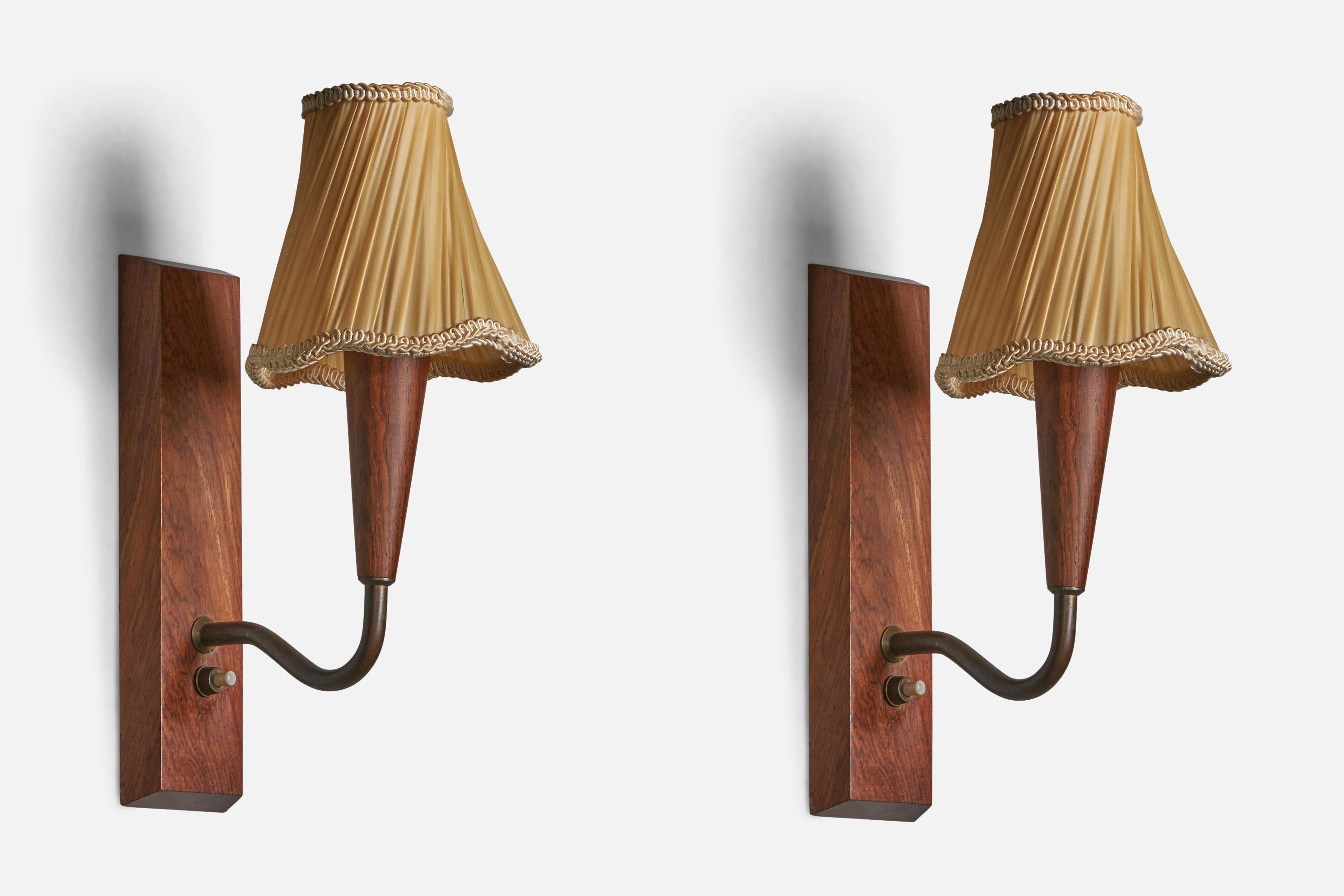 Danish Designer, Wall Lights, Brass, Teak, Fabric, Denmark 1940s In Good Condition For Sale In High Point, NC