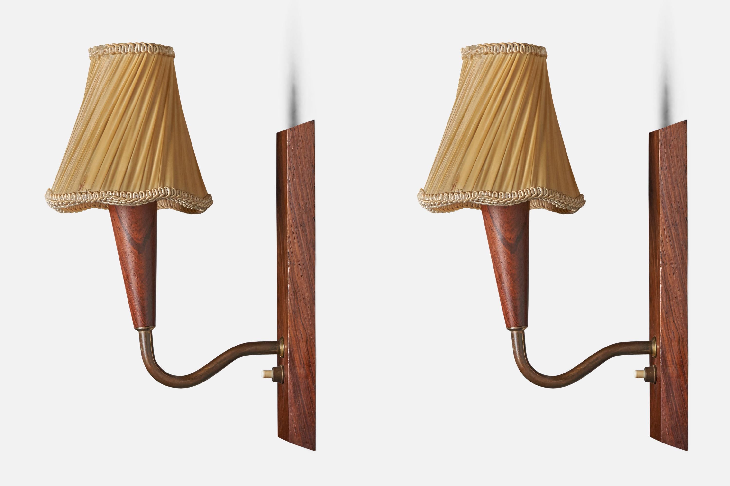 Mid-20th Century Danish Designer, Wall Lights, Brass, Teak, Fabric, Denmark 1940s For Sale