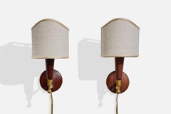 Danish Designer, Wall Lights, Brass, Teak, Fabric, Denmark, 1950s